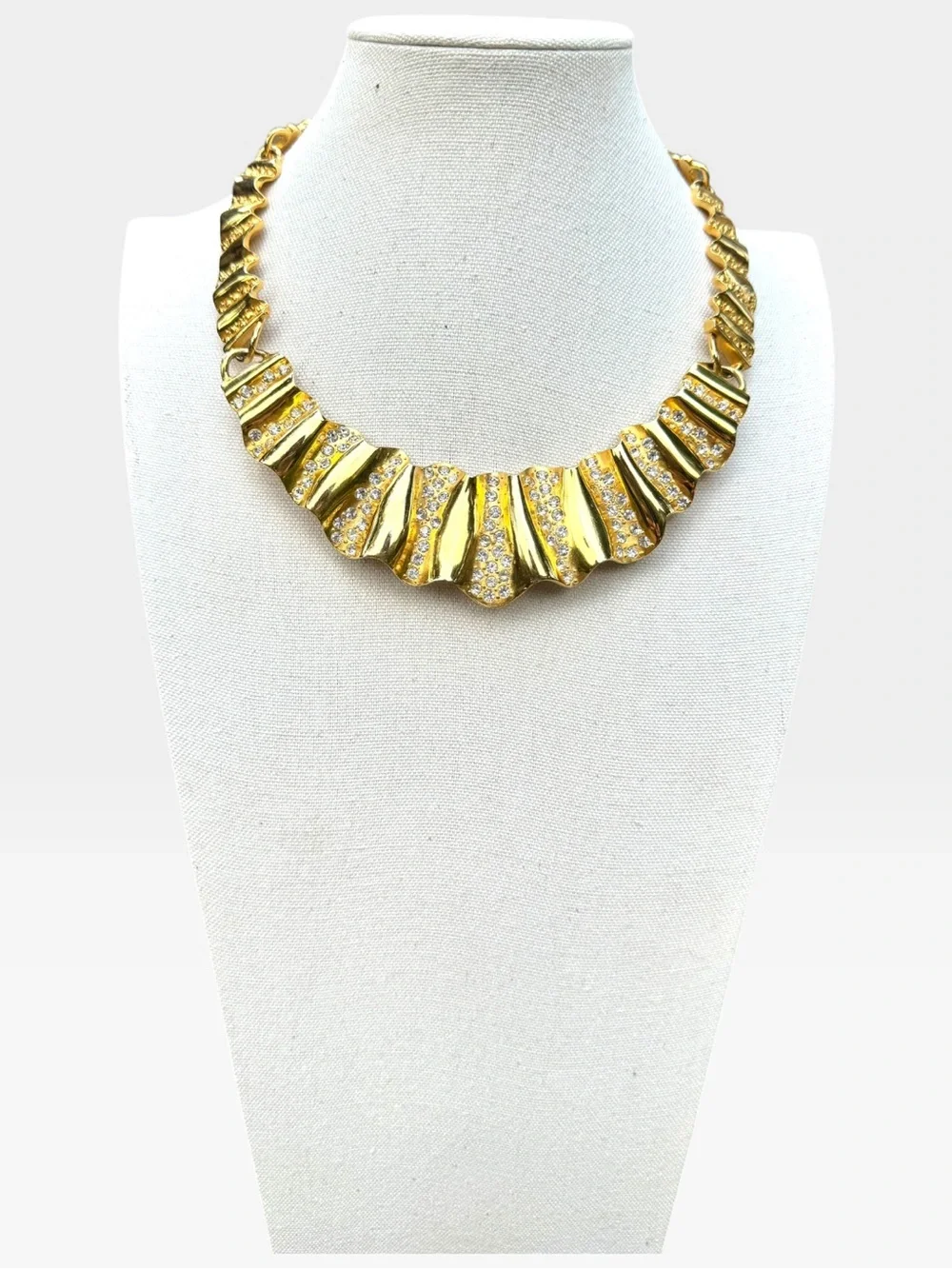 GIVENCHY Vintage Gold-tone Crystal Rhinestone Ripple Texture Statement Necklace